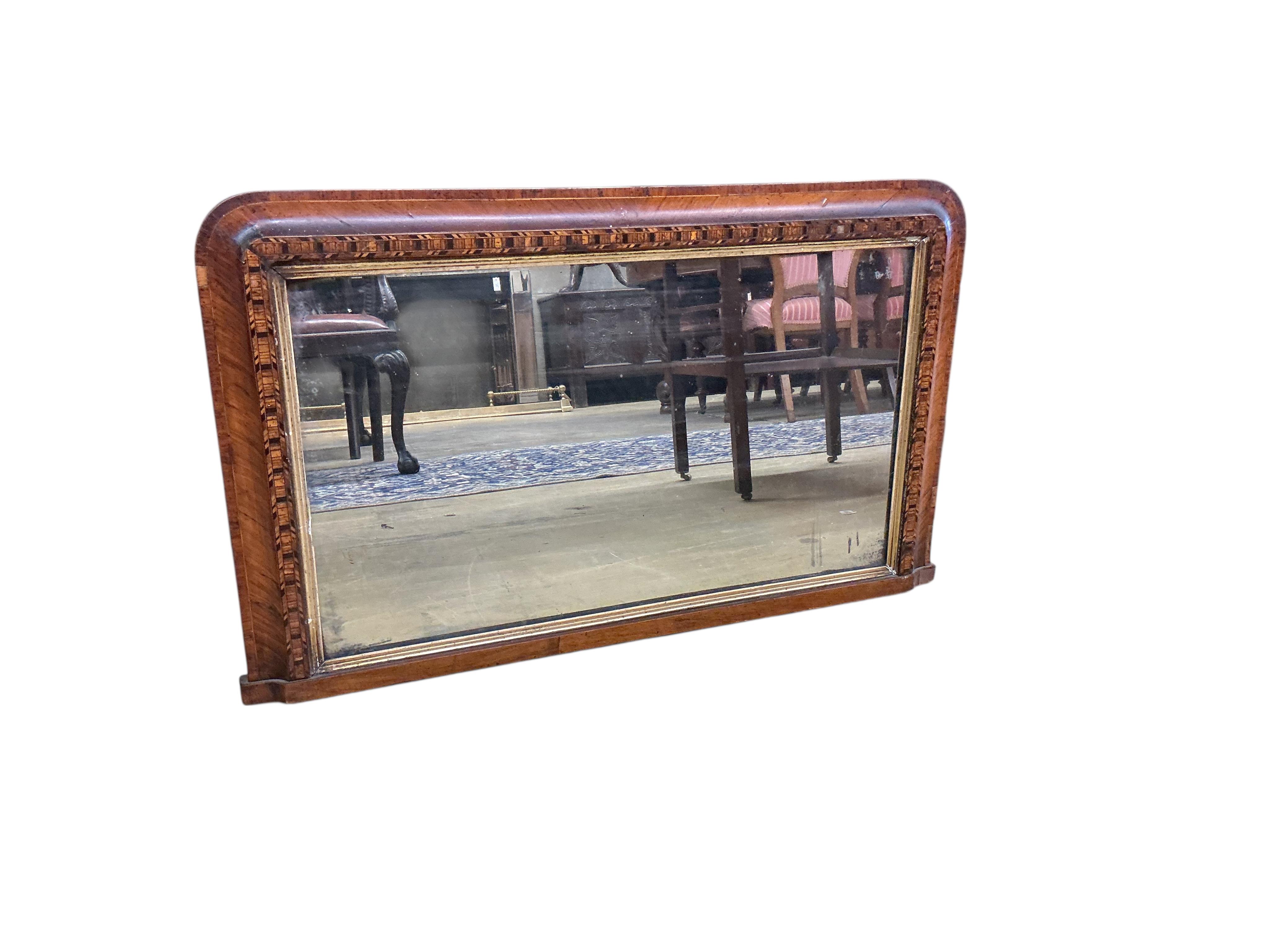 A Victorian walnut and parquetry inlaid overmantel mirror, width 88cm, height 54cm